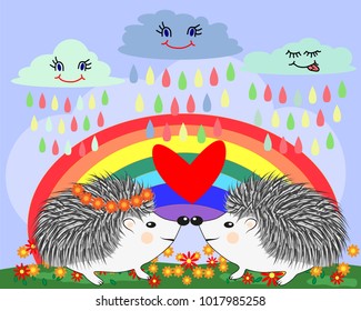 Two lovers cute cartoon hedgehogs, a boy and a girl near a seven-colored rainbow under a rain of rain on a spring, summer day