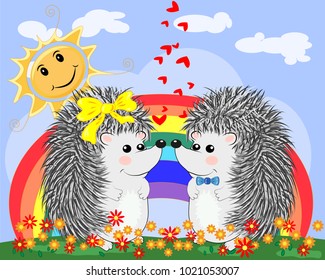 Two lovers cute cartoon hedgehogs, a boy and a girl near a seven-colored rainbow on a spring, summer day