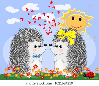 Two lovers cute cartoon hedgehogs, a boy and a girl and ladybug on a spring, summer day