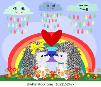 Two lovers cute cartoon hedgehogs, a boy and a girl near a seven-colored rainbow under a rain of rain on a spring, summer day