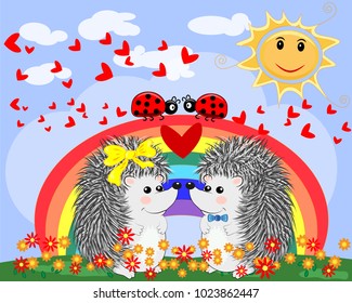 Two lovers cute cartoon hedgehogs, a boy and a girl near a seven-colored rainbow and ladybugs on a spring, summer day