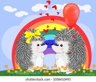 Two lovers cute cartoon hedgehogs, a boy and a girl near a seven-colored rainbow on a spring, summer day