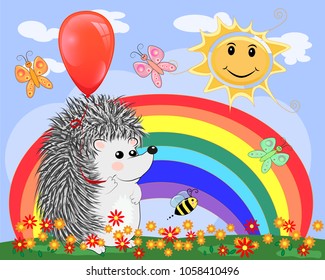 Two lovers cute cartoon hedgehogs, a boy and a girl near a seven-colored rainbow on a spring, summer day