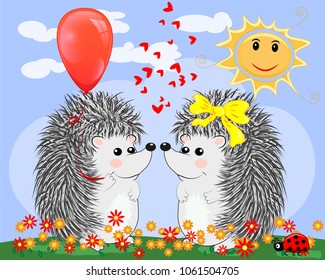 Two lovers cute cartoon hedgehogs, a boy and a girl near a seven-colored rainbow on a spring, summer day