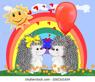 Two lovers cute cartoon hedgehogs, a boy and a girl near a seven-colored rainbow on a spring, summer day