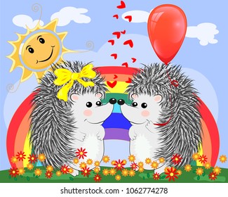 Two lovers cute cartoon hedgehogs, a boy and a girl near a seven-colored rainbow on a spring, summer day