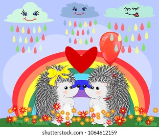 Two lovers cute cartoon hedgehogs, a boy and a girl near a seven-colored rainbow on a spring, summer day