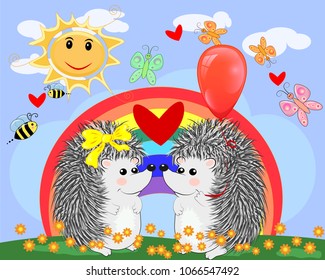 Two lovers cute cartoon hedgehogs, a boy and a girl near a seven-colored rainbow on a spring, summer day