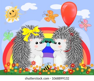 Two lovers cute cartoon hedgehogs, a boy and a girl near a seven-colored rainbow on a spring, summer day