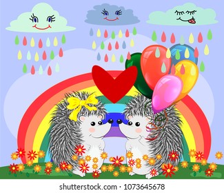 Two lovers cute cartoon hedgehogs, a boy and a girl near a seven-colored rainbow on a spring, summer day