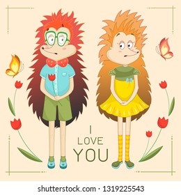 Two lovers cute cartoon hedgehogs. Love postcard Vector Illustration.