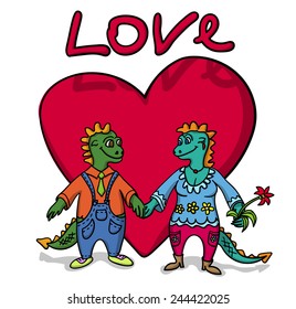 Two lovers dragons on big red heart background. Funny picture.