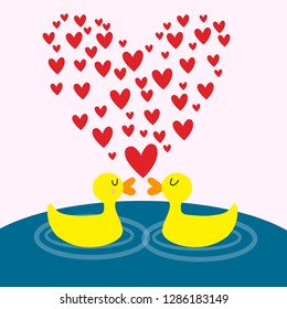 two lovers duck in the lake. two ducks kiss in the lake. Many hearts in the shape of a heart between two ducks. Vector image for print, poster, postcard or image on fabric.