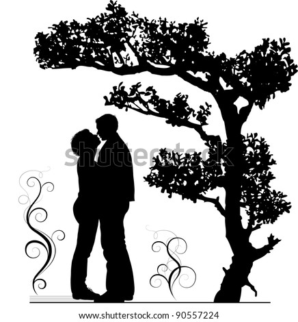 Two lovers embraces under a tree. A silhouette, a vector illustration.