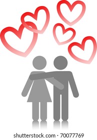 two lovers are embracing on a white background with red hearts