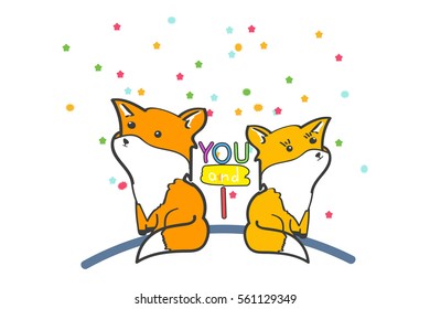 two lovers fox sit with their back to each other and look at the stars. Hand lettering. Vector printable poster with phrase.Design for clothing and cards. funny pictures.