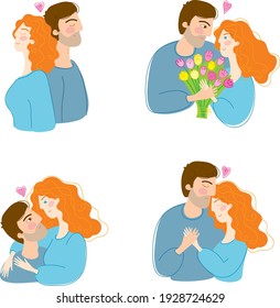 Two lovers. Gives flowers. Love man and woman. Heart. Blue clothes. Red hair. Beautiful silhouette 