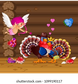 Two lovers gobblers and archery angel. Love animals. Vector cartoon close-up illustration.