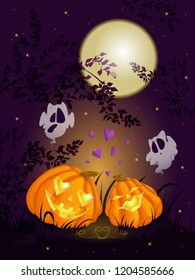 Two lovers Halloween pumpkins, surprised ghosts, trees, night. stars. Vector cartoon illustration.