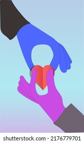 Two lovers hand each other pink hearts.