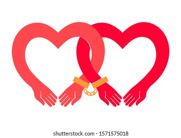 Two lovers in handcuffs. Vector illustration isolated on white background, logo, t-shirt design.