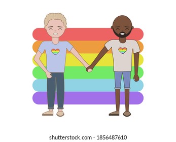Two lovers and happy guys on a rainbow background. The LGBT theme. Vector image in eps format.