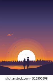 Two Lovers Happy Lovers Looking at the Sunset Cartoon Vector Illustration