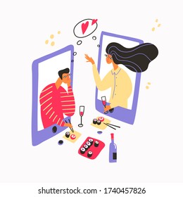 Two lovers have a date, eat sushi and drink vine via video call. Modern realities. Quarantine dating