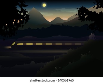 Two lovers in the hills and mountains observing Night Train Easy to edit because of many named layers. All items are layered in for easy removal.