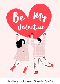 Two lovers hold a big heart. Stylish minimalist illustration for Valentine's Day.