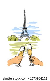 Two lovers hold glasses of champagne in their hands. Beautiful landscape overlooking the famous landmark of France and Europe - Eiffel Tower in Paris. Vector illustration for Valentine's Day, wedding.