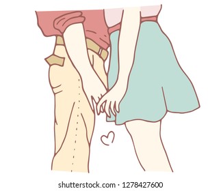 Two lovers hold hands. Mult illustration with lines for valentine's day, women's holiday.