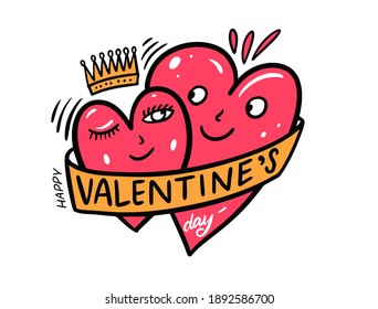 Two lovers hugging hearts. Happy Valentines day lettering. Holiday vector illustration.