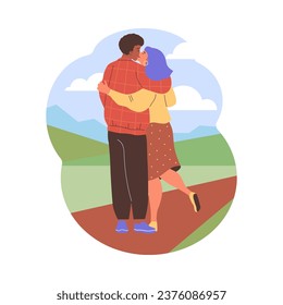 Zwei Liebhaber umarmen und küssen die Rückansicht. Romantisches Paar verbringt Zeit zusammen auf einem Spaziergang draußen. Enamored multinationales Paar. Vektorgrafik einzeln auf Illustration Happy Valentinstag