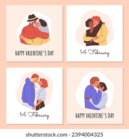 Two lovers hugging and kissing. Beloved couple spending time together at romantic date. Enamored multinational pair. Vector cartoon happy valentines day posters set. Tender family relationship