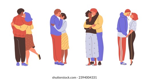 Two lovers hugging and kissing. Beloved couple spending time together. Enamored multinational pair. Vector cartoon isolated illustrations set of romantic happy people in flat style.