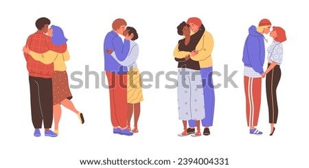 Two lovers hugging and kissing. Beloved couple spending time together. Enamored multinational pair. Vector cartoon isolated illustrations set of romantic happy people in flat style.
