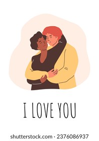 Dos amantes abrazándose y besándose, un hombre cariñosamente acaricia a una chica, coqueteando. Caricatura vectorial te amo afiche, feliz día de San Valentín. La pareja multinacional romántica en relación de amor.
