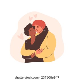 Two lovers hugging and kissing, guy gently hugging a girl, flirting. Romantic couple in love. Multinational love relationship. Vector cartoon illustration great on happy valentines day with hearts
