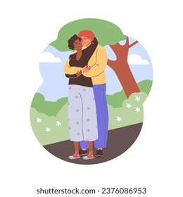 Two lovers hugging and kissing in nature. Romantic couple spend time together on walk in park. Enamored multinational pair. Vector cartoon isolated happy valentines day illustration, flirt sweethearts