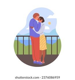 Two lovers hugging and kissing on backdrop of the sea. Romantic couple spend time together on vacation. Enamored pair, flirt sweethearts vector cartoon illustration. Happy valentines day