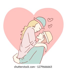Two lovers kiss for the heart. Cartoon illustration with lines for Valentine's Day and women's holiday.