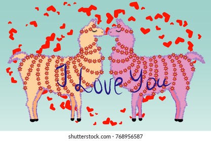 Two lovers, kissing llamas surrounded by hearts. Love is in the air. Inscription I love you, postcard, Valentine's day