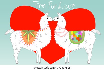 Two lovers, kissing llamas surrounded by hearts. Love is in the air. The inscription Time for love, postcard, Valentine's day