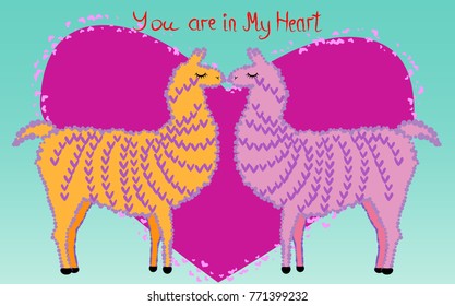 Two lovers, kissing llamas surrounded by hearts. Love is in the air. Inscription You in my heart, postcard, Valentine's day