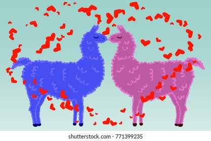 Two lovers kissing llamas surrounded by hearts. Love in the air, postcard to the day of Saint Valentine
