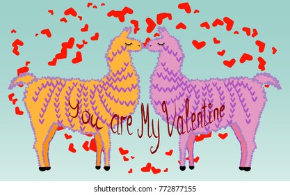 Two lovers, kissing llamas surrounded by hearts. Love is in the air. Inscription You are my Valentine, postcard, Valentine's day