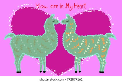 Two lovers, kissing llamas surrounded by hearts. Love is in the air. Inscription You in my heart, postcard, Valentine's day