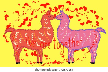Two lovers, kissing llamas surrounded by hearts. Love is in the air. The inscription We are together, postcard, Valentine's day