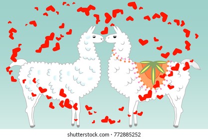 Two lovers kissing llamas surrounded by hearts. Love in the air, postcard to the day of Saint Valentine